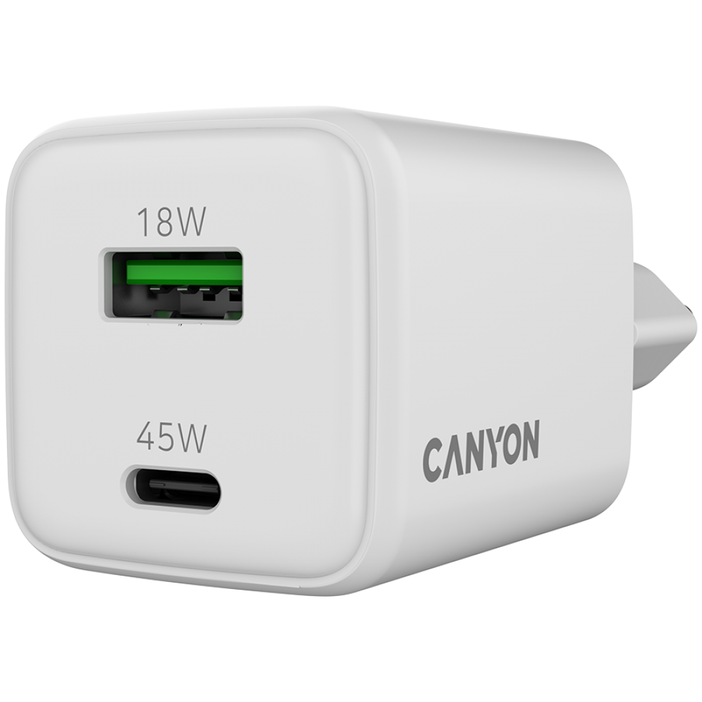 Ładowarka sieciowa GaN 45W 1xPD 1xQC EU Canyon CU45AC biała