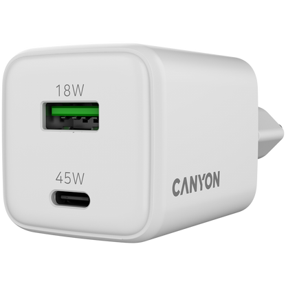 Ładowarka sieciowa GaN 45W 1xPD 1xQC EU Canyon CU45AC biała