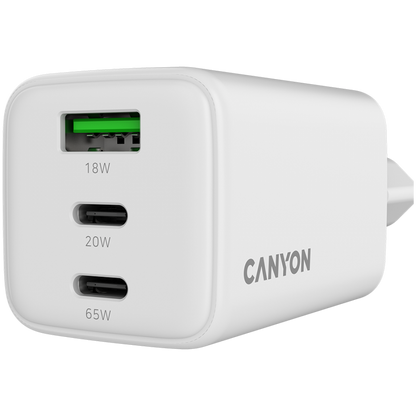 Ładowarka sieciowa GaN 65W 2xPD 1xQC EU Canyon CU65ACC biała
