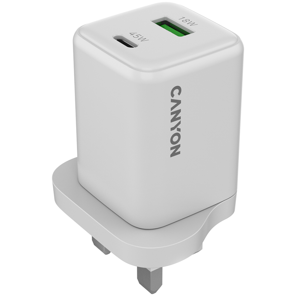 Ładowarka sieciowa 45W GaN 1xPD 1xQC UK Canyon CU45AC biała