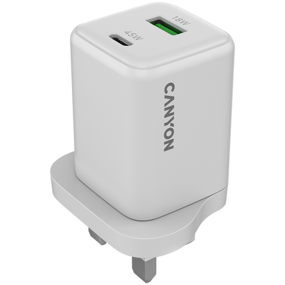 Ładowarka sieciowa 45W GaN 1xPD 1xQC UK Canyon CU45AC biała