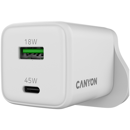 Ładowarka sieciowa 45W GaN 1xPD 1xQC UK Canyon CU45AC biała