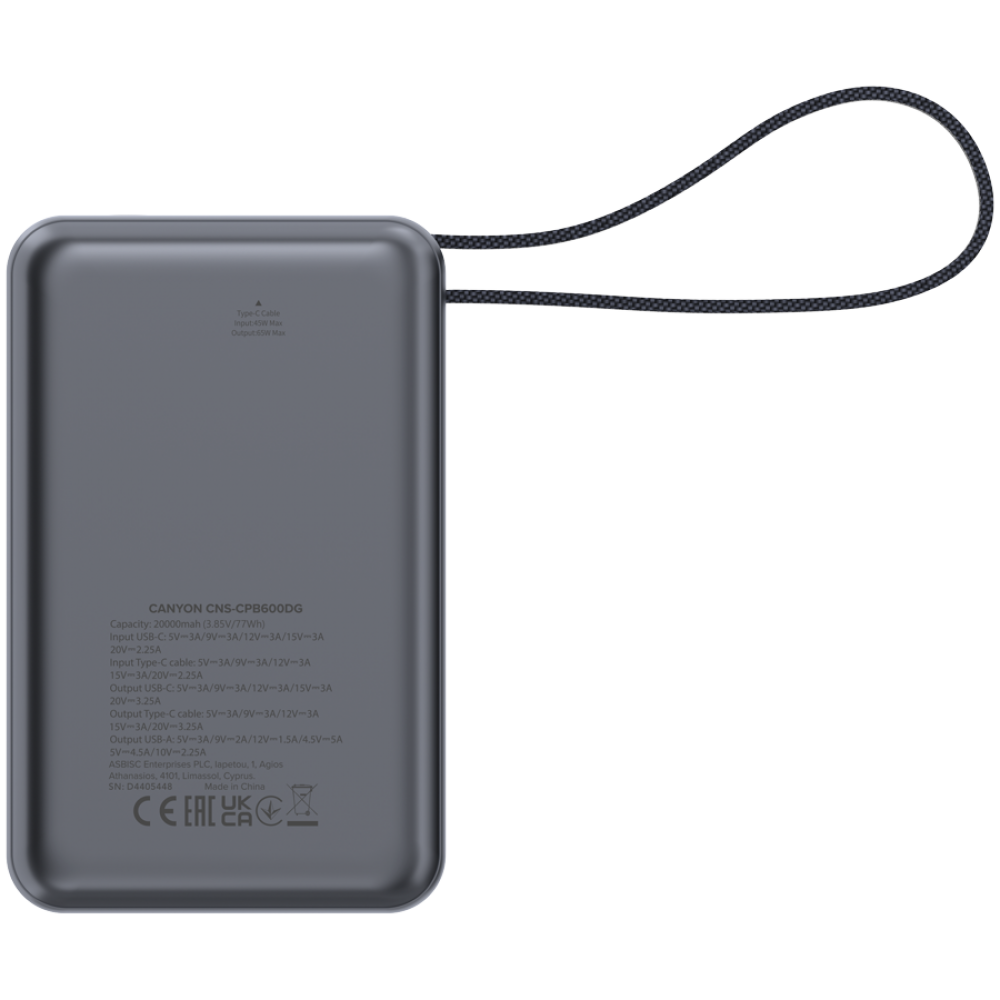 Power bank 20000 mAh PD 65W with cable Canyon OnPower 600 graphite