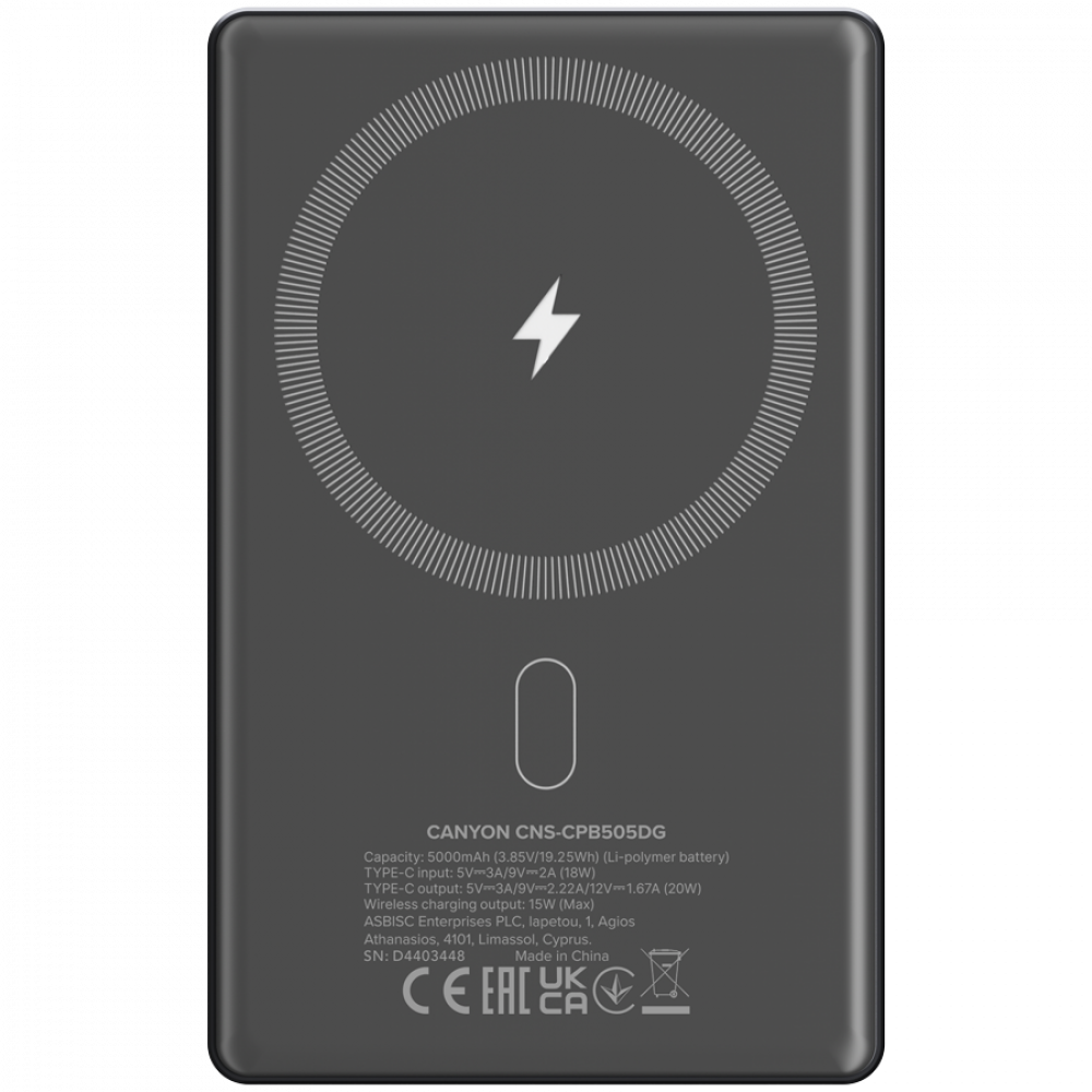 Powerbank Magsafe 5000 mAh PD 20W slim Canyon OnPower 505 Graphit