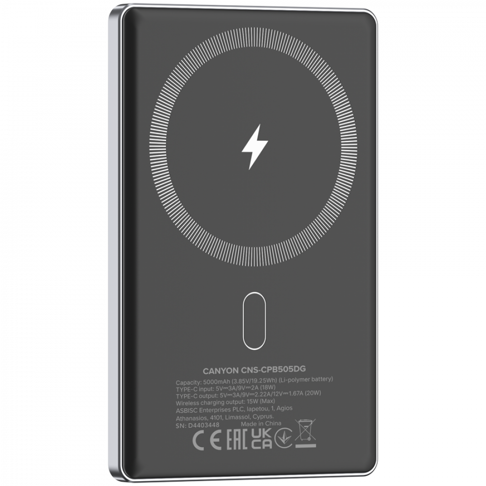 Powerbank Magsafe 5000 mAh PD 20W slim Canyon OnPower 505 Graphit