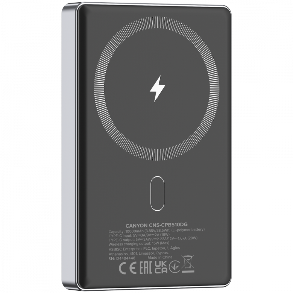 Powerbank 10000 mAh PD20W slim Magsafe Canyon OnPower 510 szary