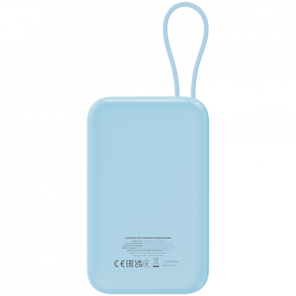 Powerbank 10000 mAh PD 22.5W mit Kabel Canyon OnPower 101 blau
