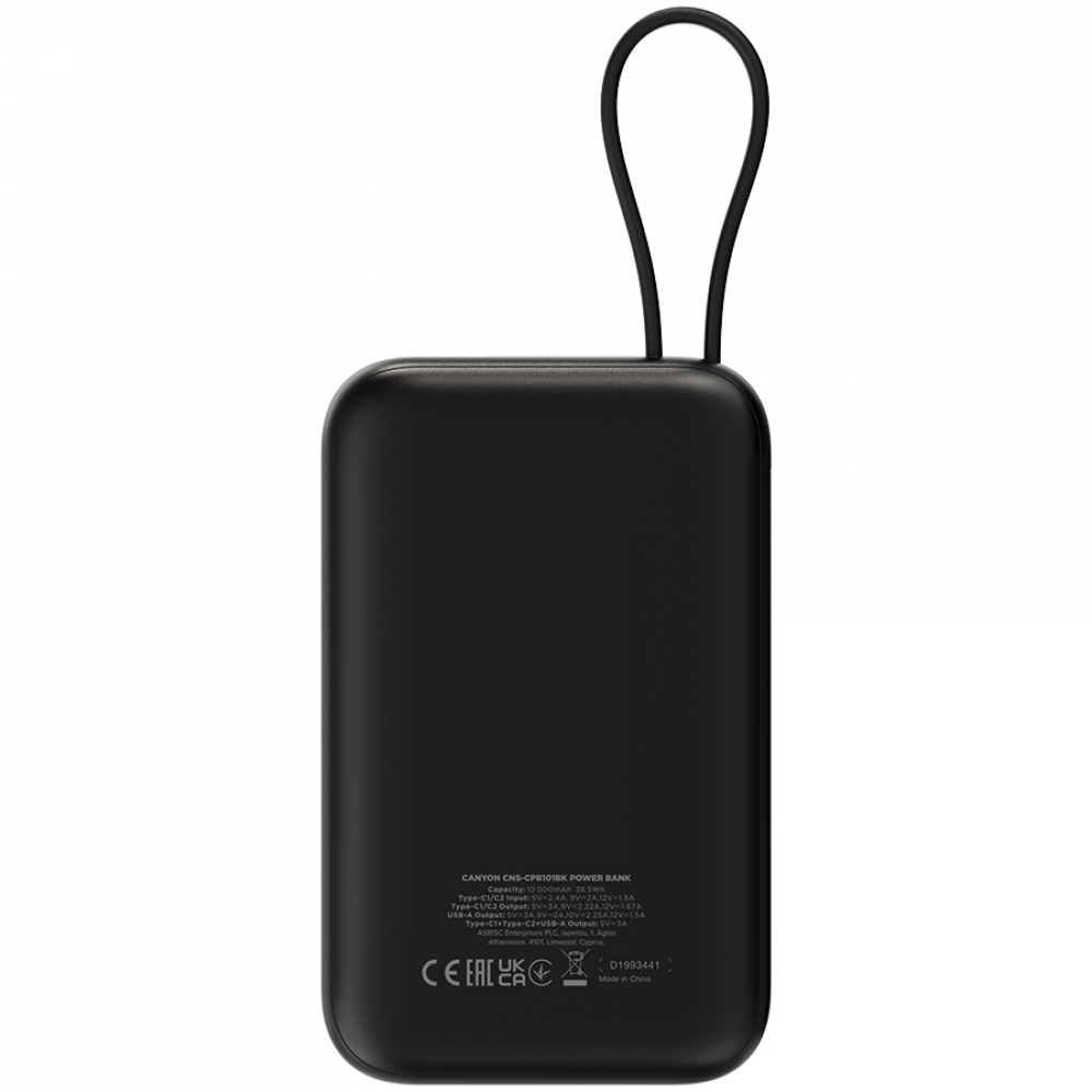 Powerbank 10000 mAh PD 22.5W mit Kabel Canyon OnPower 101 schwarz