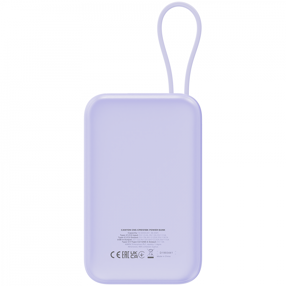 Powerbank 10000 mAh PD 22.5W mit Kabel Canyon OnPower 101 lila