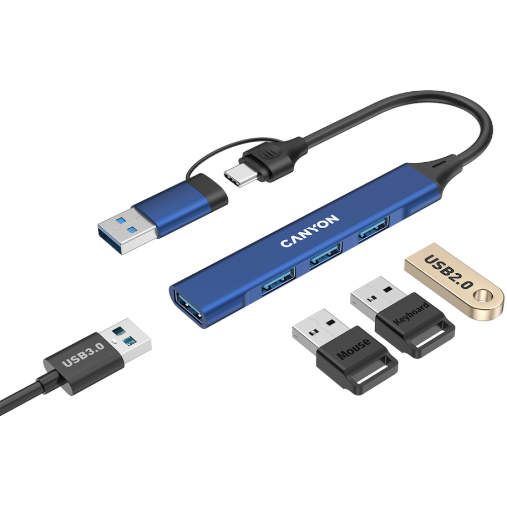 Hub 4 w 1 USB-A/C przenośny Canyon DS-02 niebieski