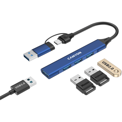 Hub 4 w 1 USB-A/C przenośny Canyon DS-02 niebieski