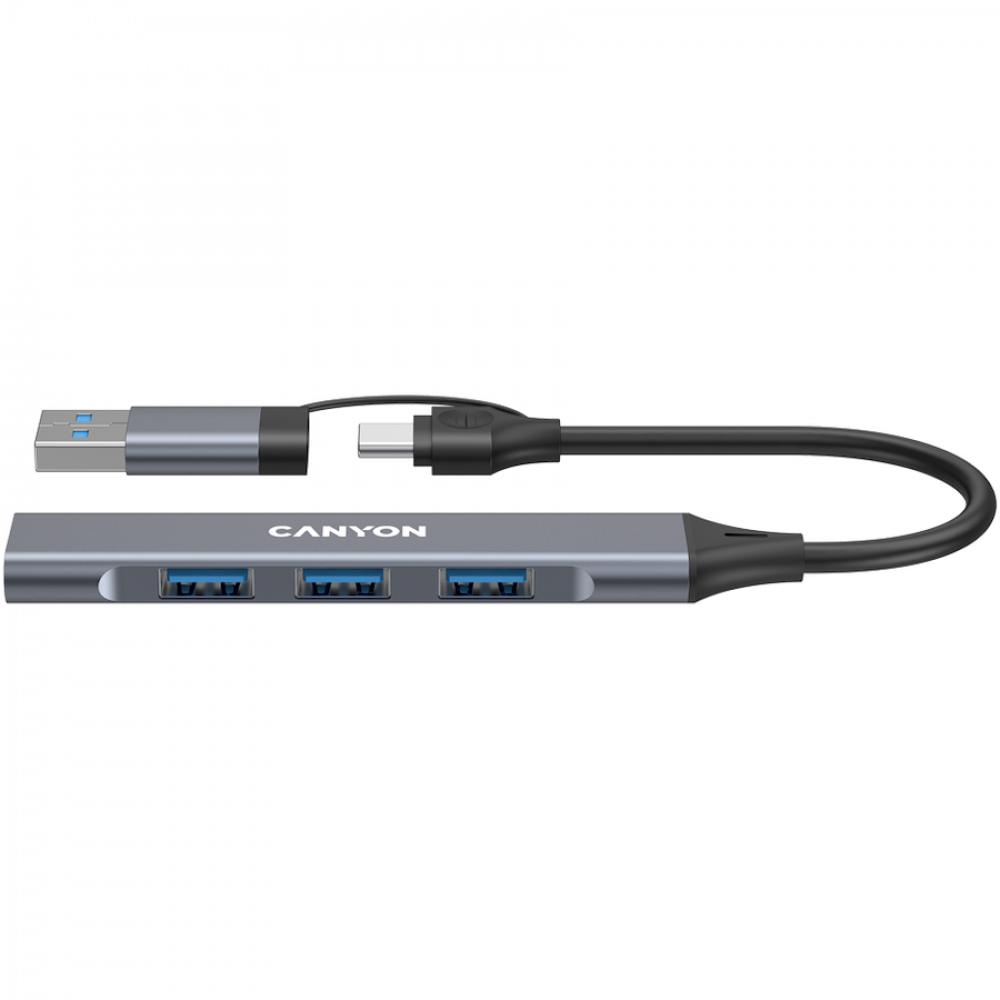 Hub 4 w 1 USB-A/C przenośny Canyon DS-02 szary
