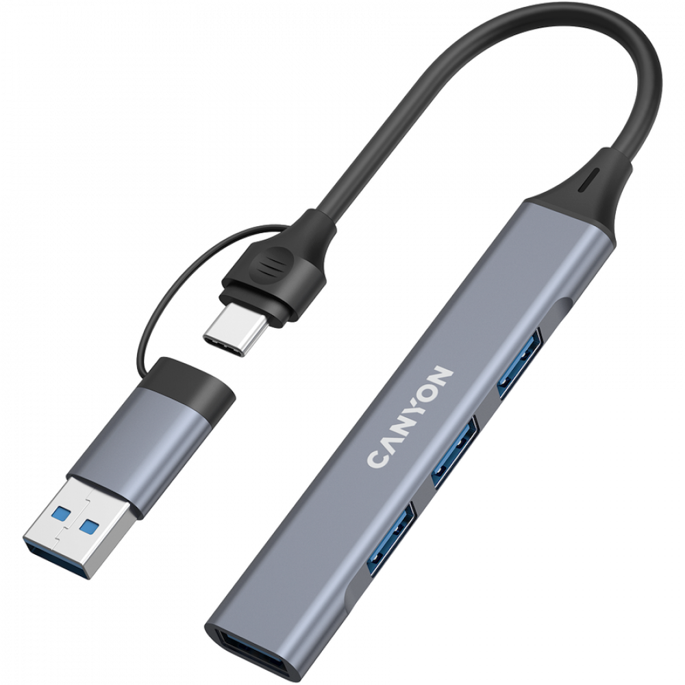 Hub 4 w 1 USB-A/C przenośny Canyon DS-02 szary
