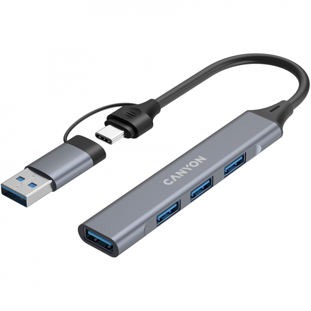 Hub 4 w 1 USB-A/C przenośny Canyon DS-02 szary
