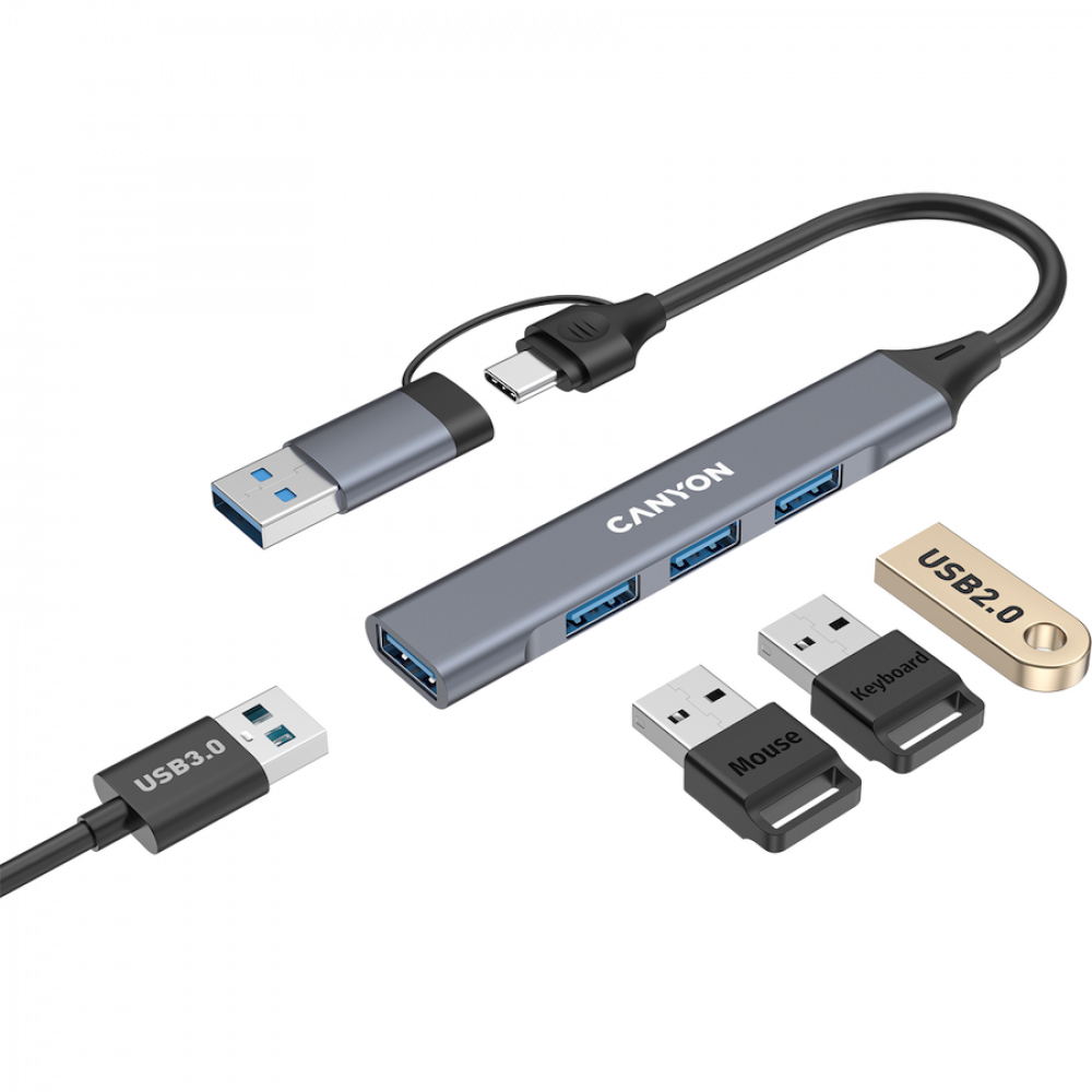 Hub 4 w 1 USB-A/C przenośny Canyon DS-02 szary