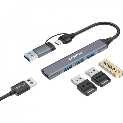 Hub 4 w 1 USB-A/C przenośny Canyon DS-02 szary