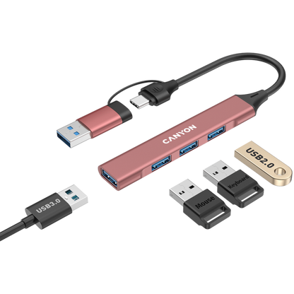Canyon DS-02 4-in-1 USB-A/C tragbarer Hub, pink