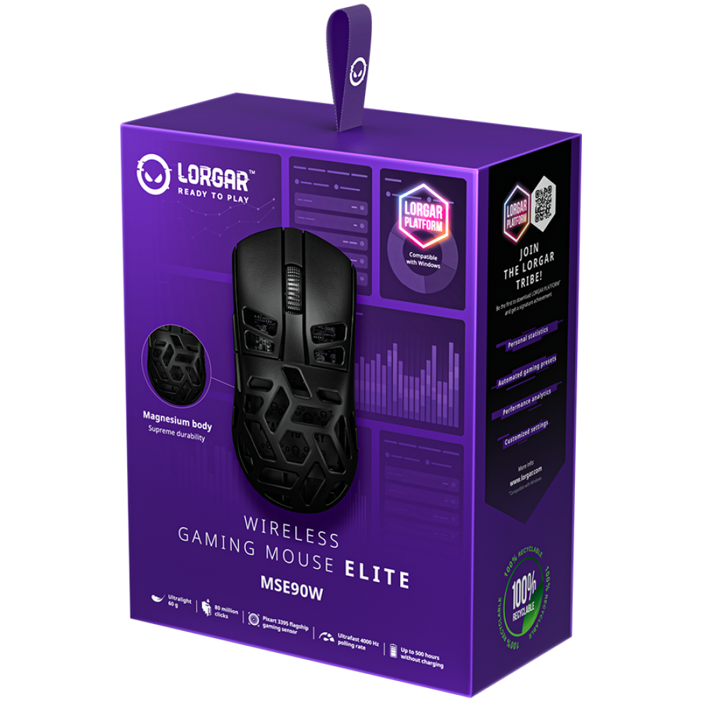 Lorgar MSE90W kabellose Gaming-Maus, schwarz, Magnesiumlegierung