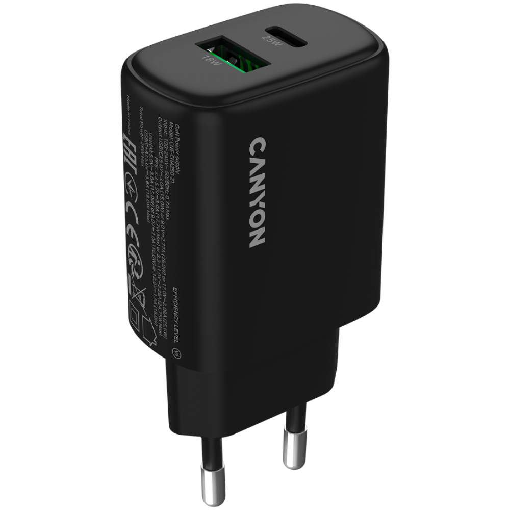 Ładowarka sieciowa 25W 1xPD 1xQC EU Canyon OnCharge 250 czarna