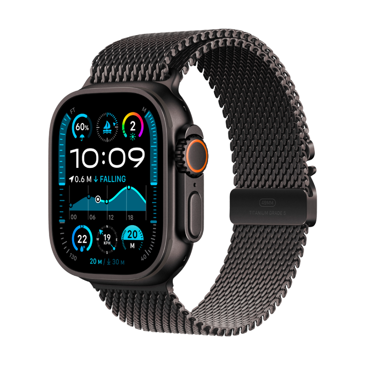Apple Watch Ultra 2 Titangehäuse mit Milanaise-Armband in Schwarz