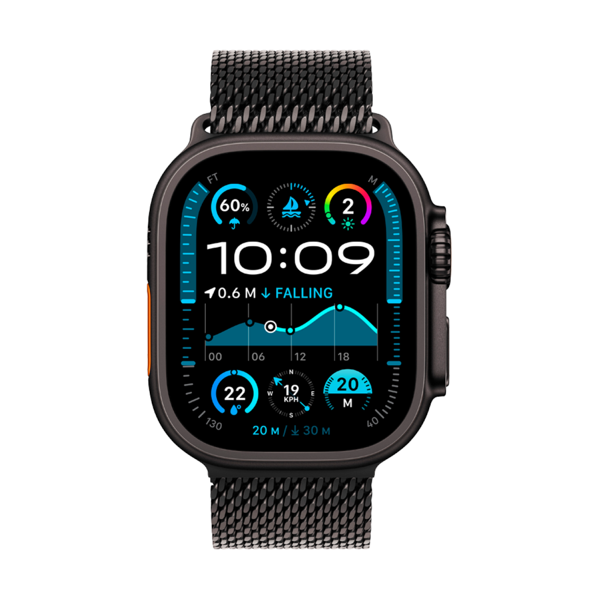 Apple Watch Ultra 2 Titangehäuse mit Milanaise-Armband in Schwarz