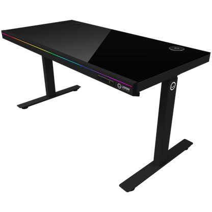 Biurko gamingowe regulowane elektrycznie z RGB, szkło hartowane, czarne