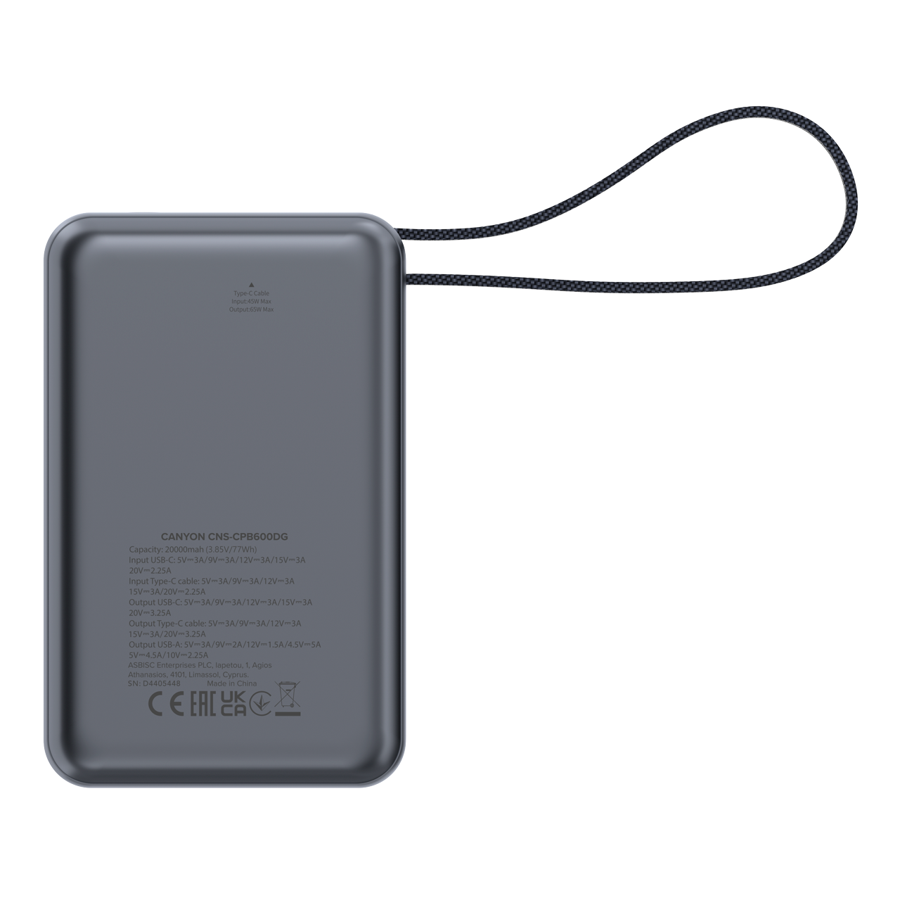 Power bank 20000 mAh PD 65W with cable Canyon OnPower 600 graphite