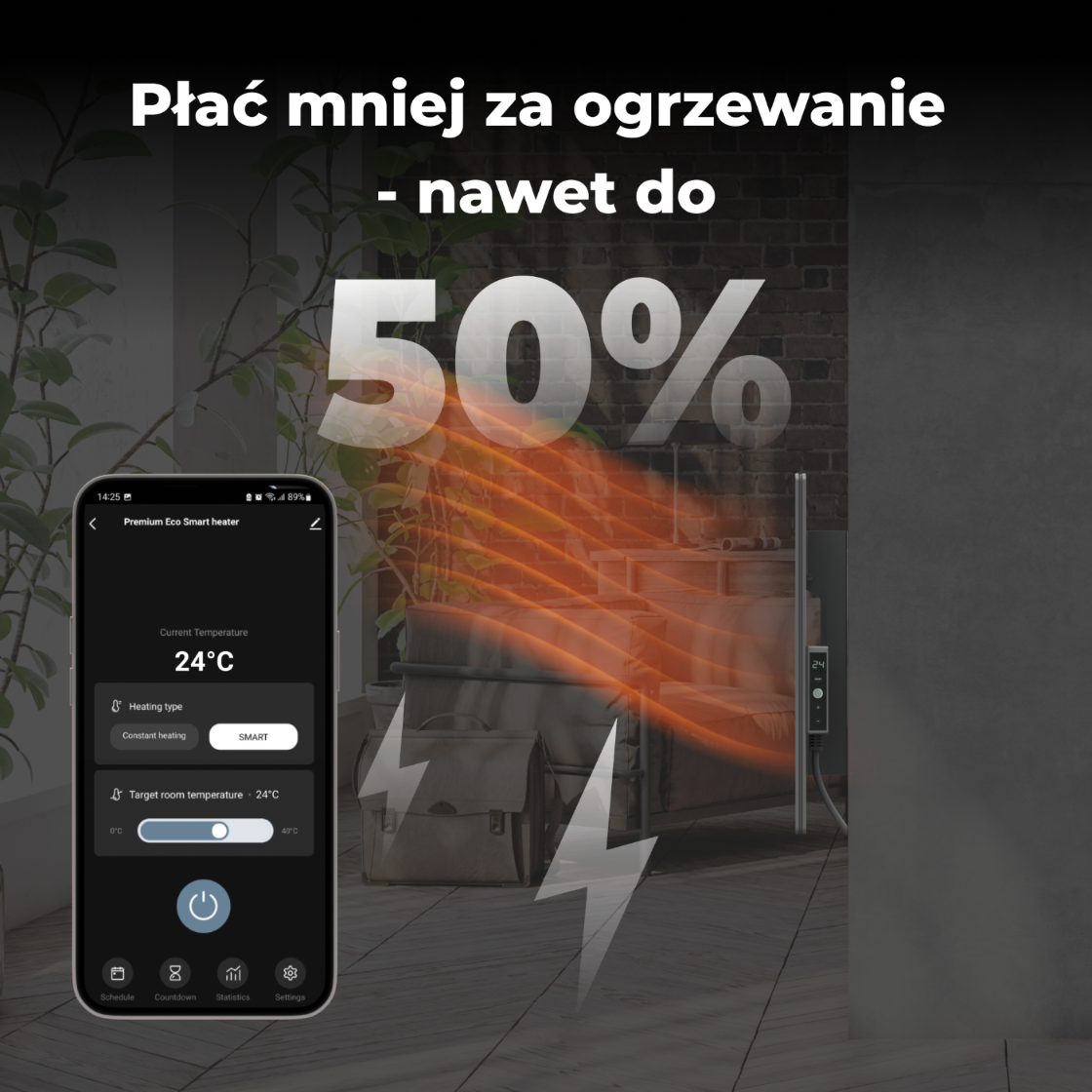 Elektrische Slim-Glasheizung 1 cm Infrarot 700W Aeno Smart Grau