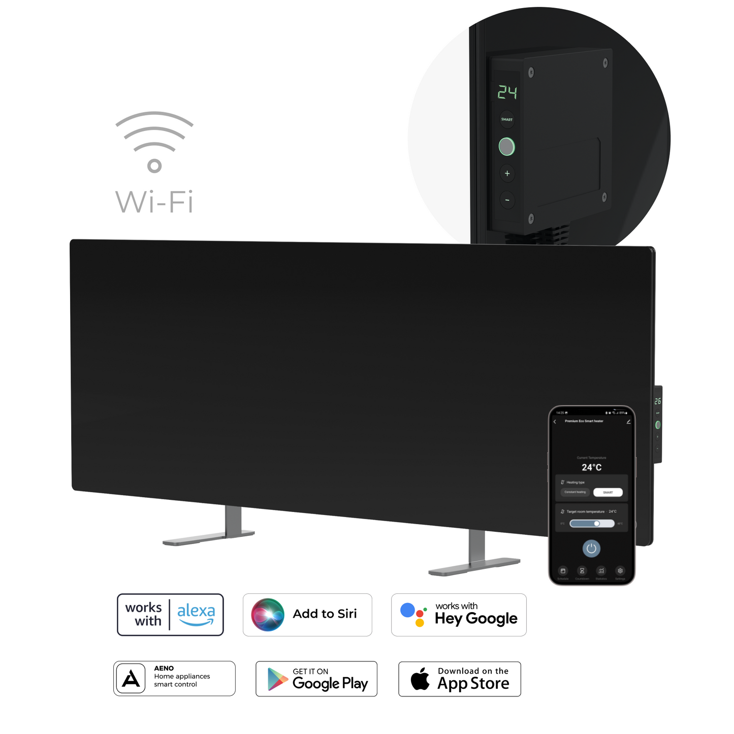 Schlanker elektrischer Glasheizkörper 1 cm Infrarot 700W Aeno Smart schwarz