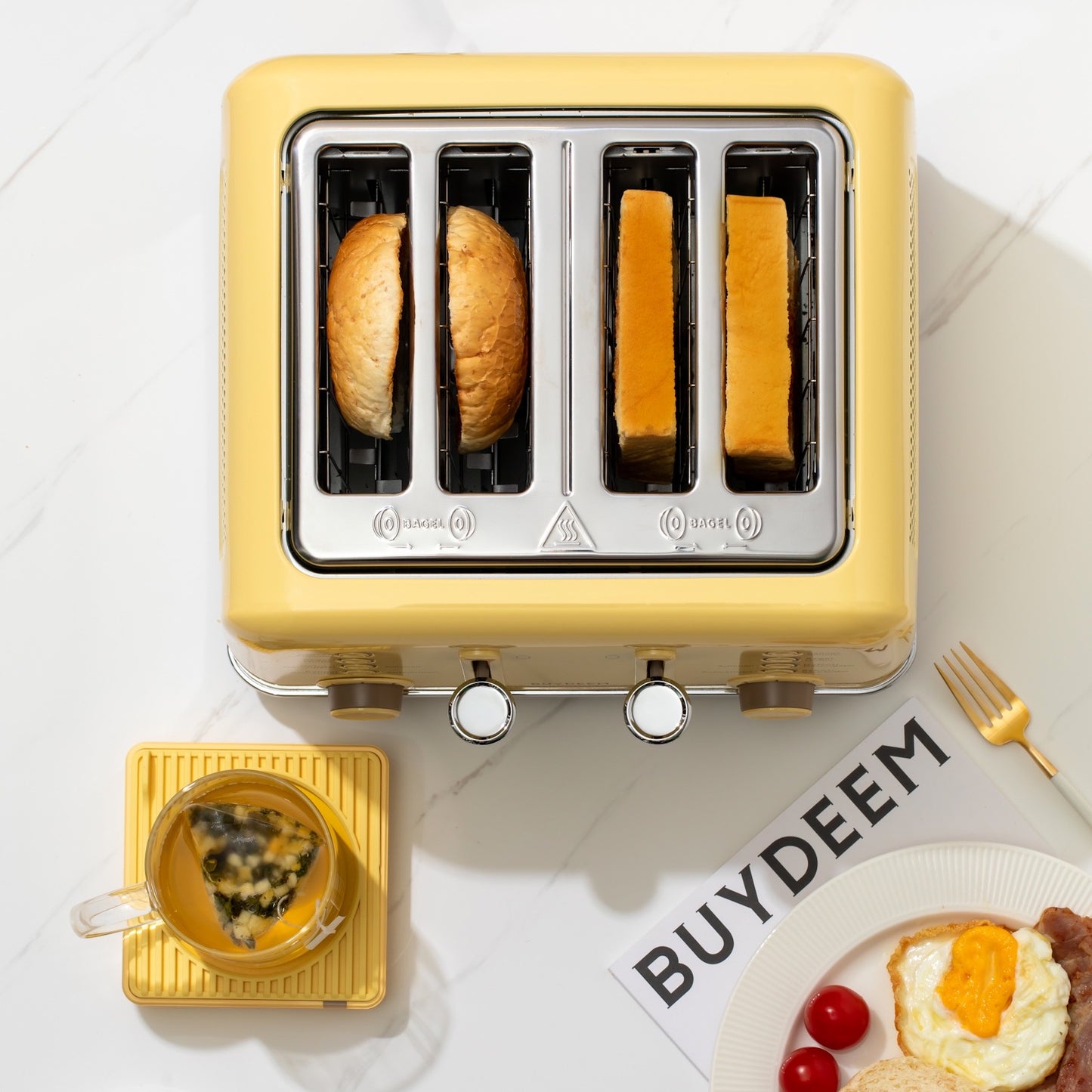Buydeem DT640E 4-Schlitz-Toaster mit Auftaufunktion, Pastellgelb
