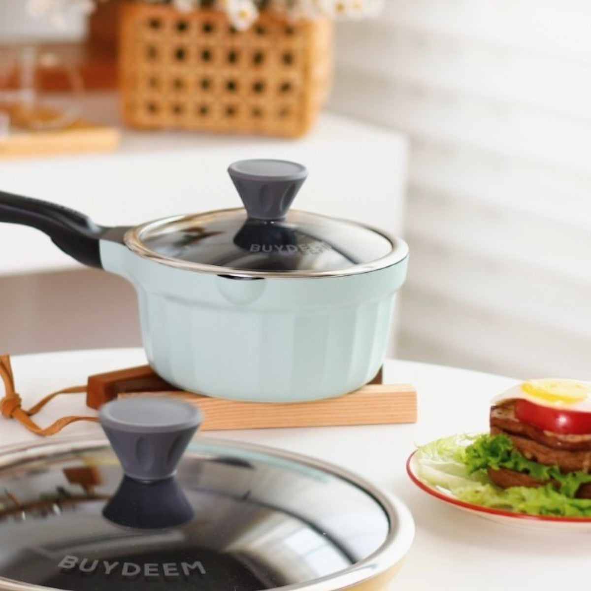 Rondel emaliowany 1,8l ze szklaną pokrywą Buydeem CP141 Pastelowy Zielony