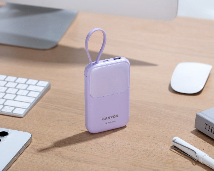Powerbank 10000 mAh PD 22.5W mit Kabel Canyon OnPower 101 lila