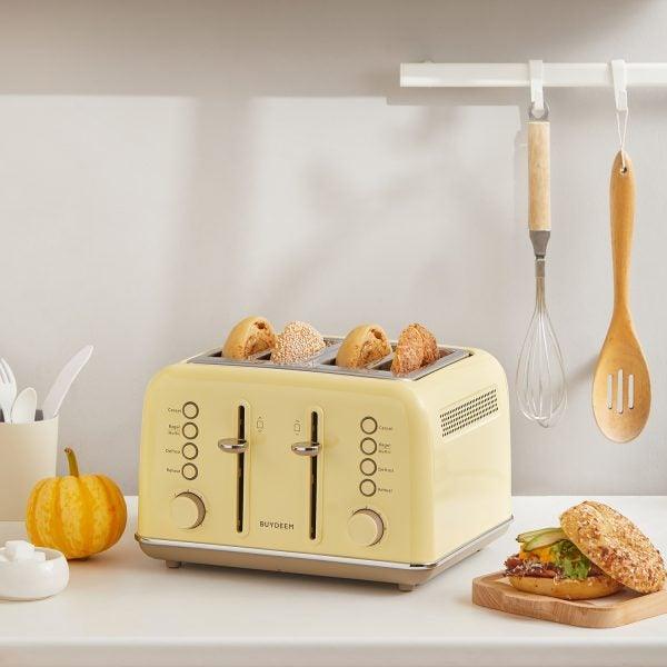 Buydeem DT640E 4-Schlitz-Toaster mit Auftaufunktion, Pastellgelb