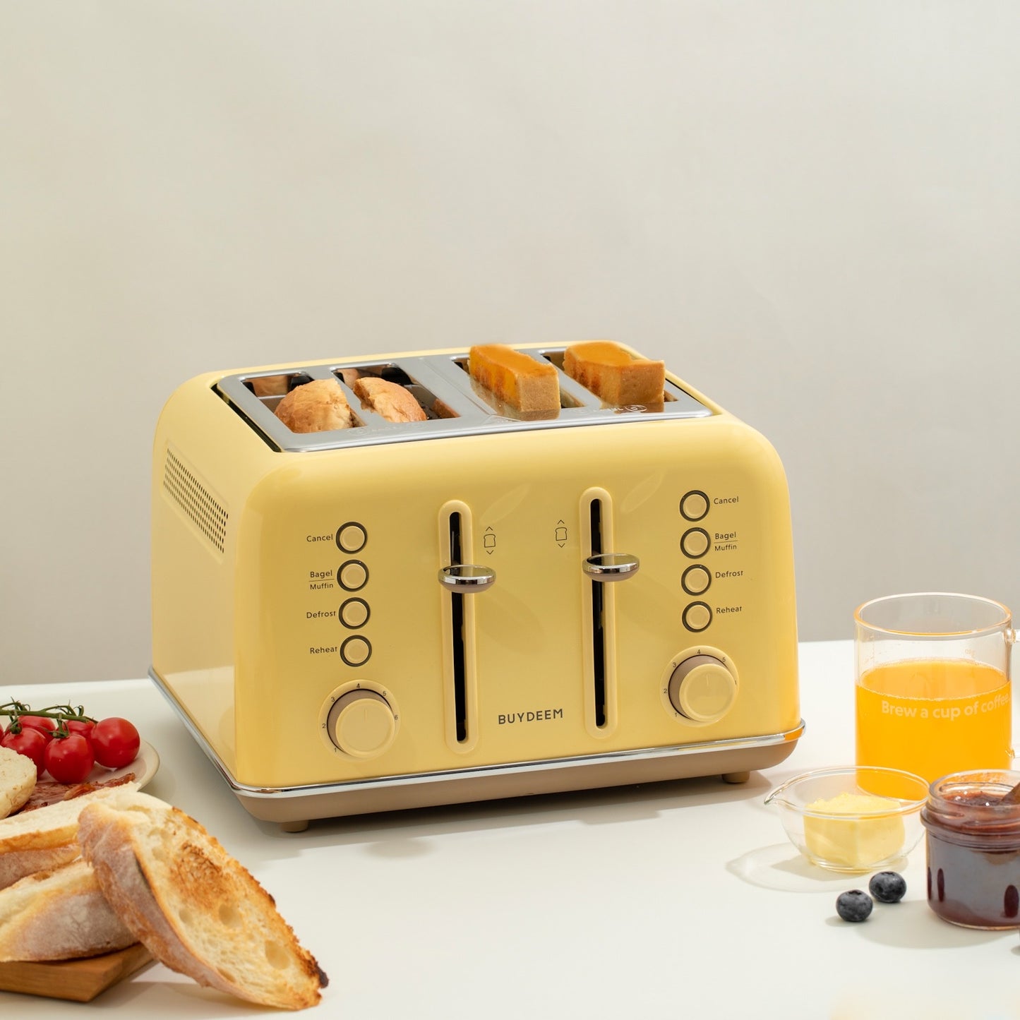 Buydeem DT640E 4-Schlitz-Toaster mit Auftaufunktion, Pastellgelb
