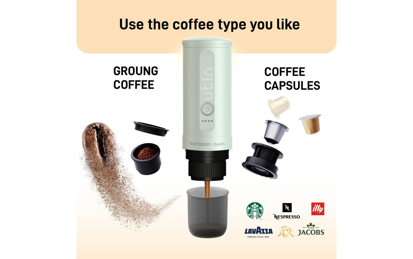 Buydeem OutIn OTEM 01 90 W tragbare Kaffeemaschine Gelb