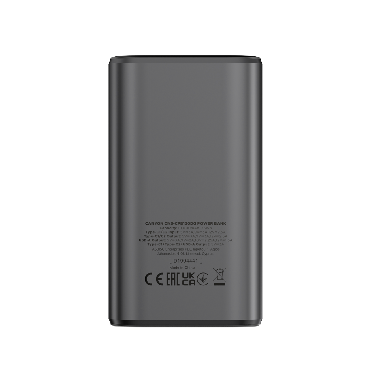 Powerbank 10000 mAh PD 30W TFT tragbar Canyon OnPower 130 Graphit