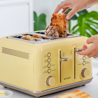 Buydeem DT640E 4-Schlitz-Toaster mit Auftaufunktion, Pastellgelb